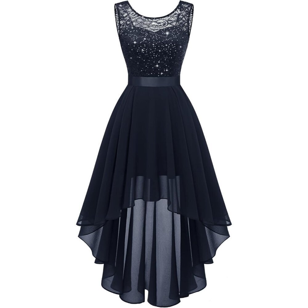 BeryLove Women Navy Chiffon Scoop Neck Sleeveless Lace Cocktail Formal Dresses